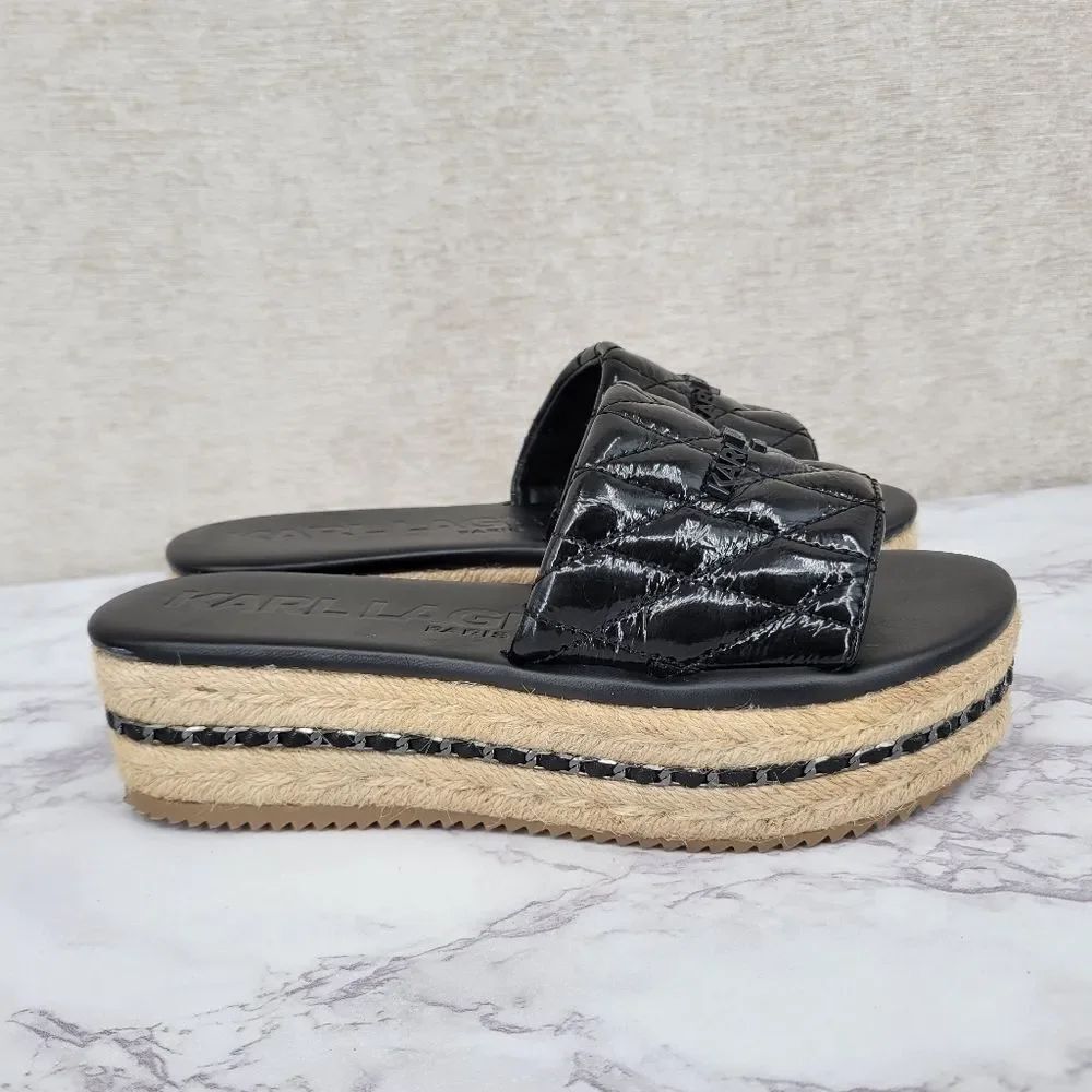 Karl Lagerfeld Kamara Black Quilted Platform Slide Sandals Jute Espadrilles